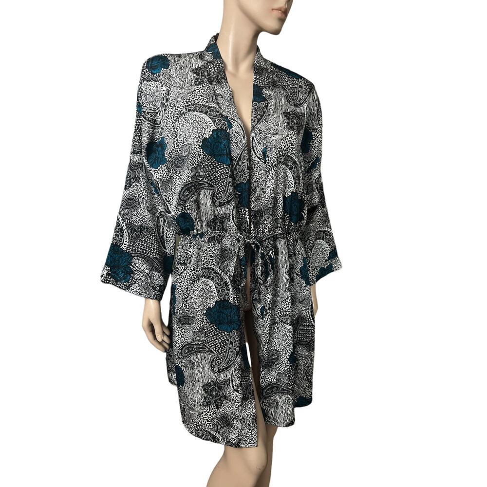 Vintage 80s Satin Robe Floral Paisley Print Size Medium Long Sleeves Tie Front